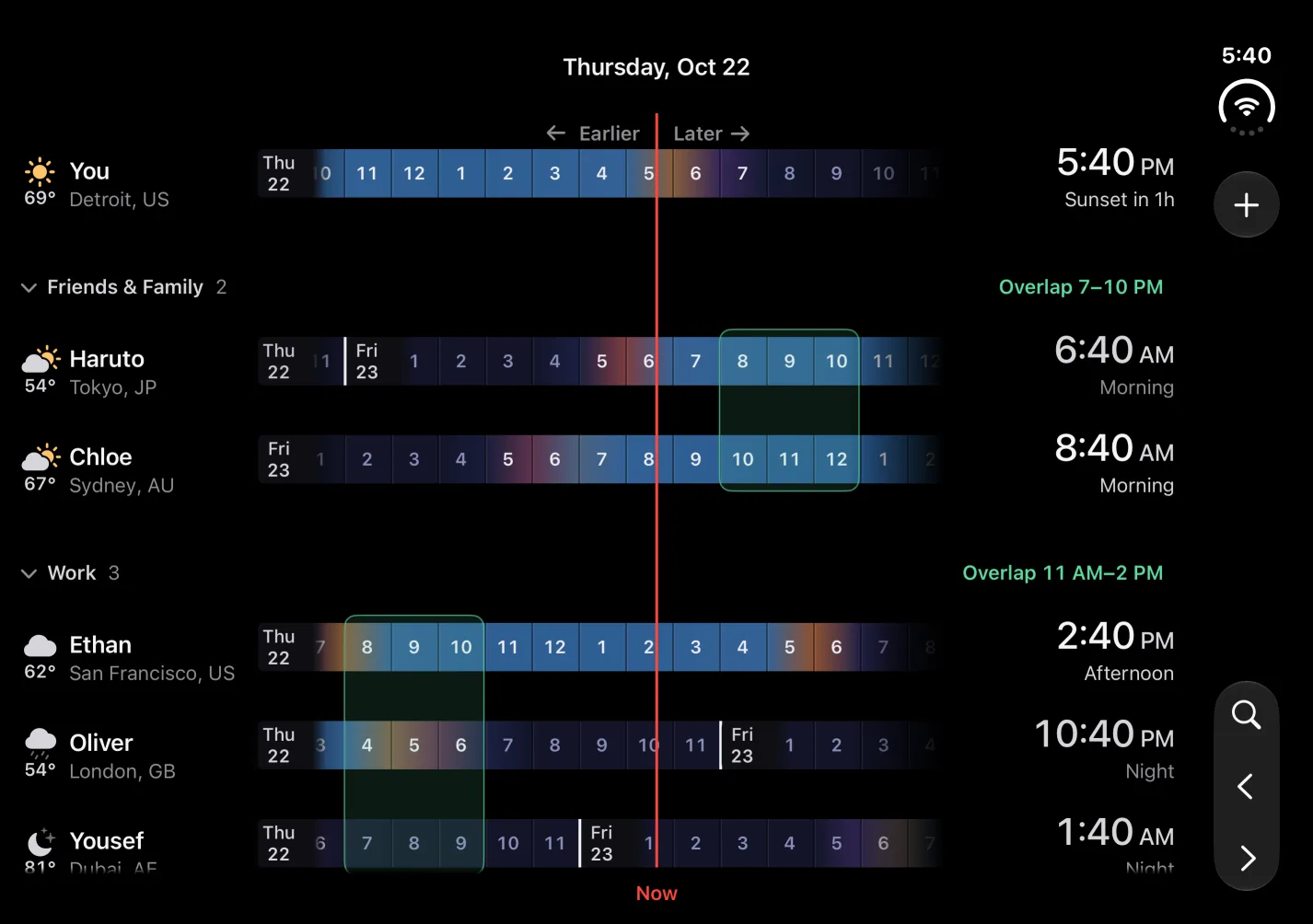 Timely on iPhone Duo, open like a book, with the now line running down the crease