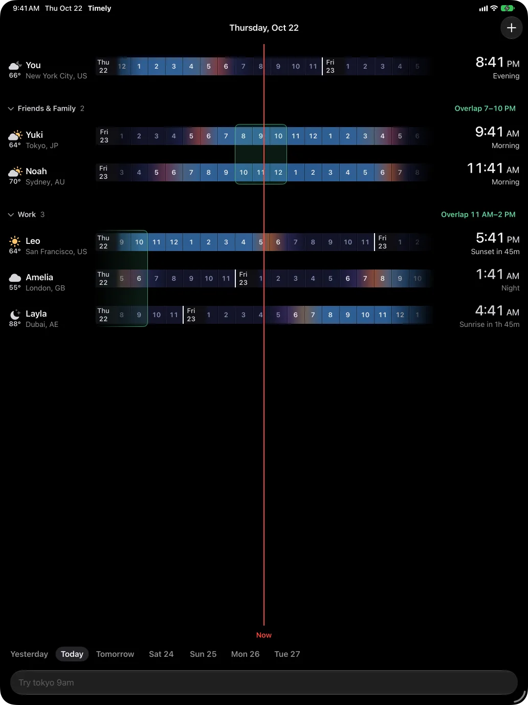 Timely on iPad with every place in a wide timeline and the day bar along the bottom