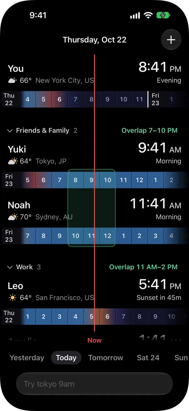 Timely on iPhone with your city, friends and coworkers, each with weather, local time and a strip of their day
